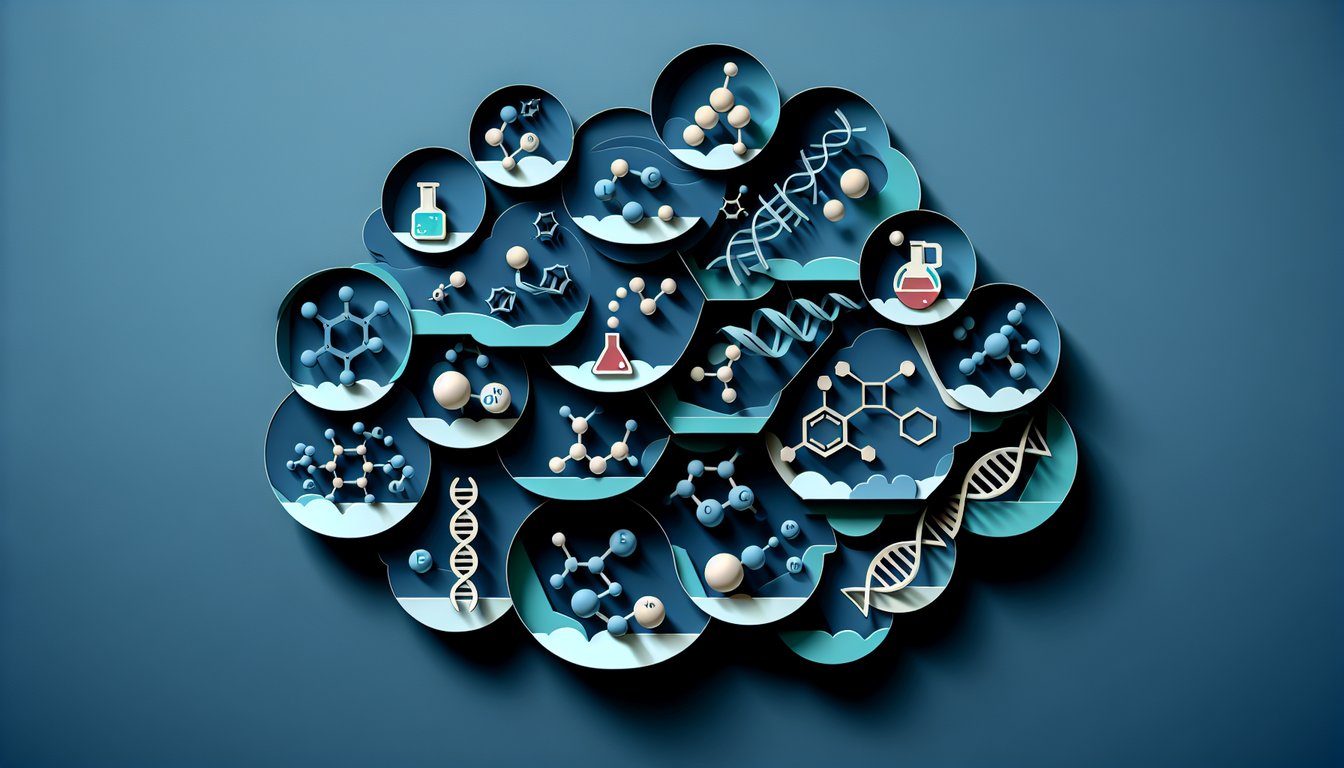 Paper art illustration for biochemistry quiz with molecular structures on dark blue background