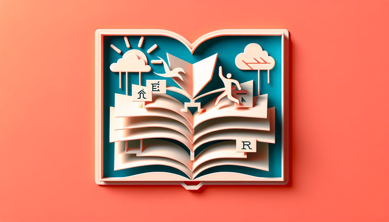 Paper art illustration book pencil check marks ar er ir verbs on coral background for Spanish preterite practice quiz