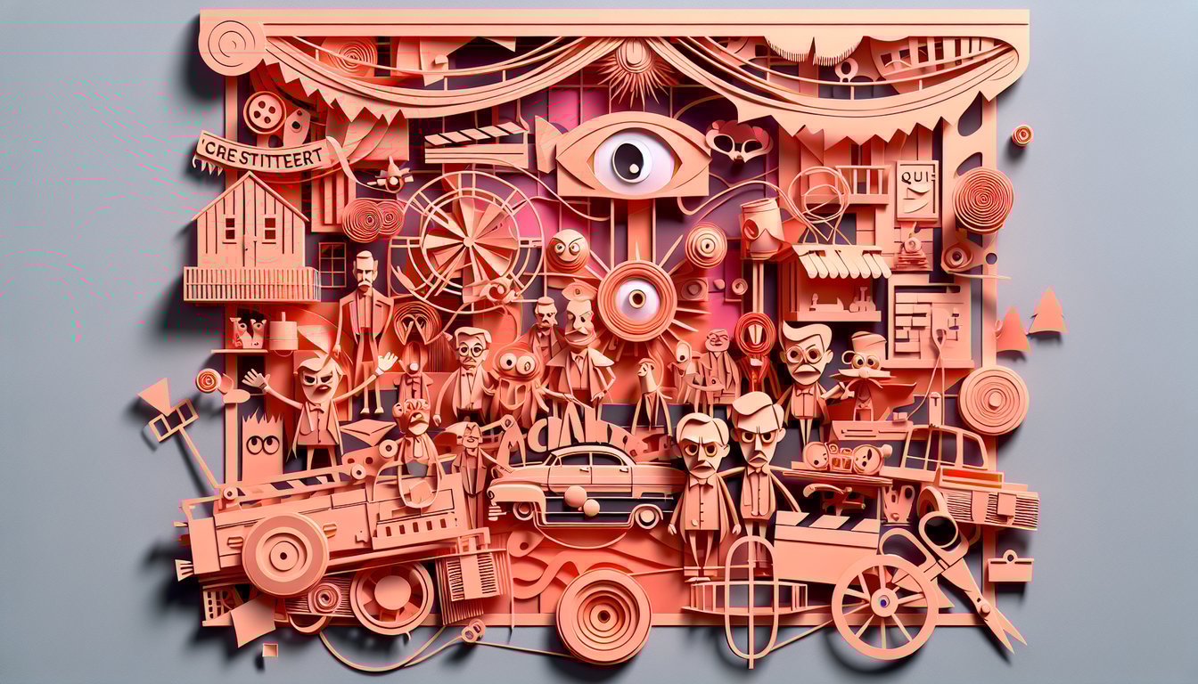 Paper art illustration of Boss Baby in suit holding quiz clipboard with icons on coral background
