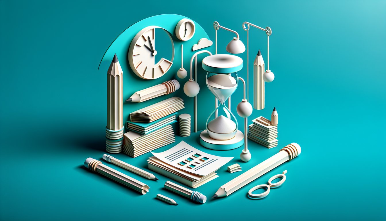 Paper art illustration showing AAP test quiz study cards and practice questions on teal background