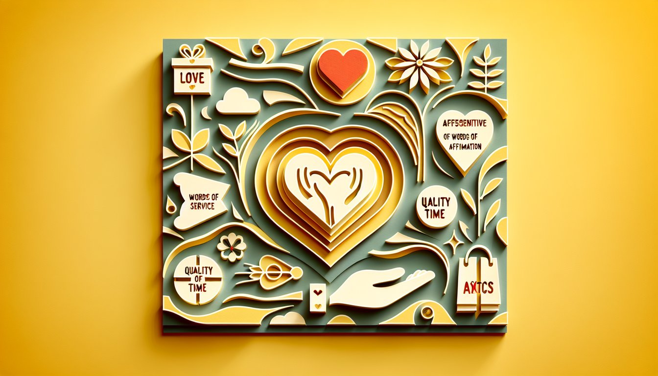 Paper art illustration for love languages quiz for singles on golden yellow background