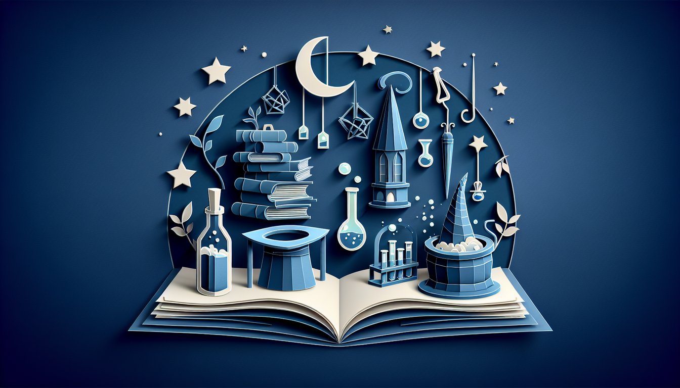 Paper art Hogwarts castle chalkboard wand quill Dumbledore Snape Hagrid silhouettes on dark blue background.