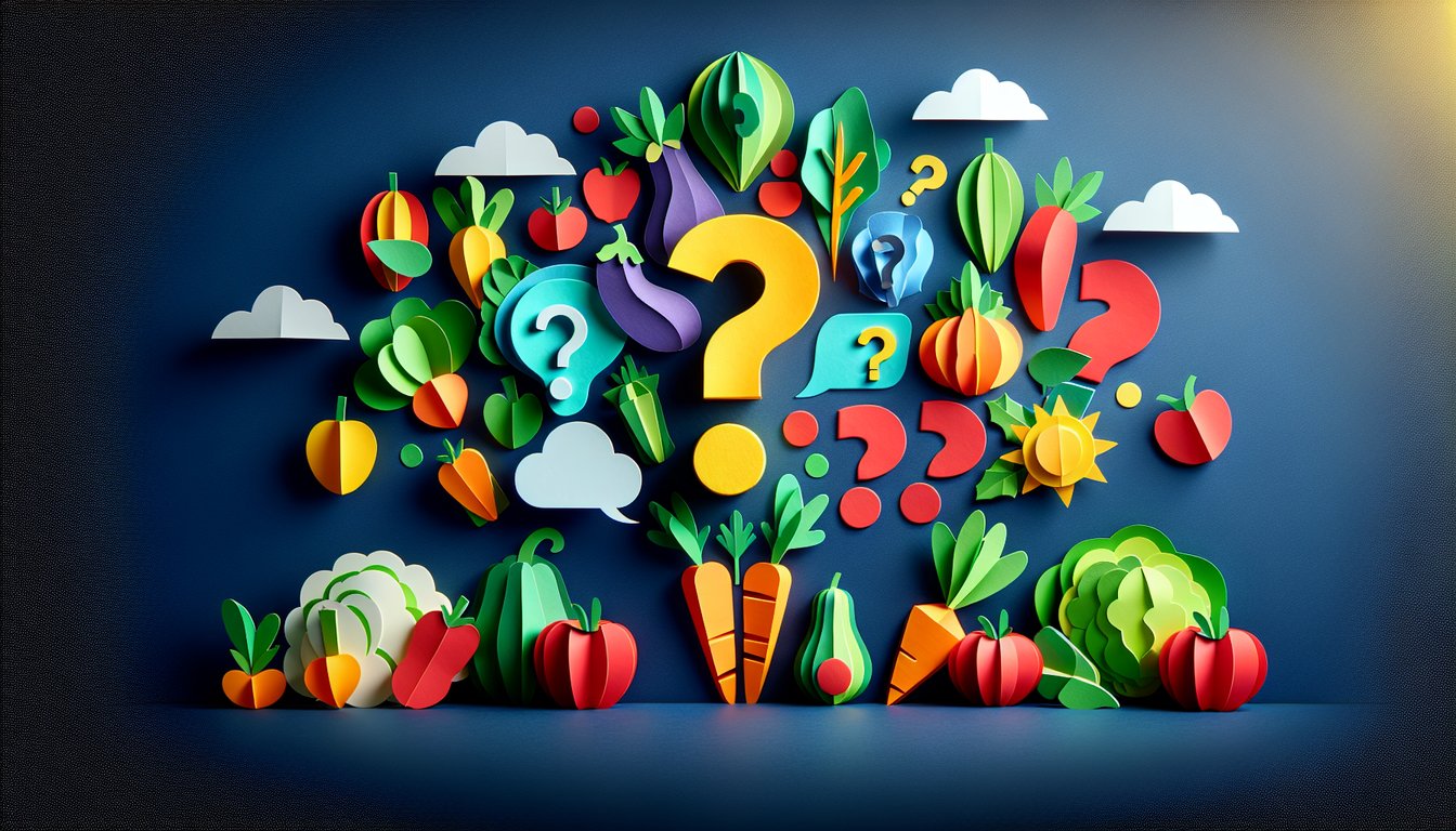 Colorful paper art depicting various vegetables for a trivia quiz