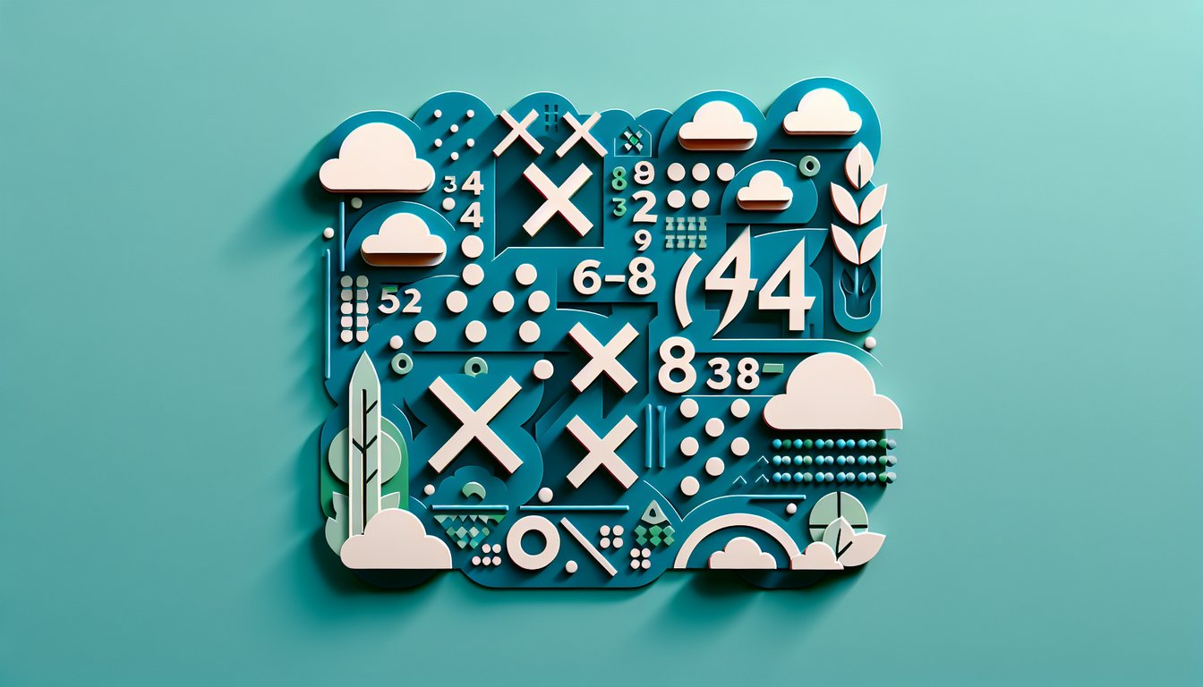 Paper art style grade 4 multiplication quiz poster with colorful cut paper numbers and symbols on teal background