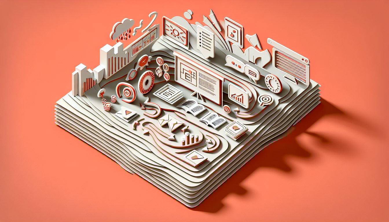 Paper art quiz illustration showing slides animations and transitions concepts on coral background