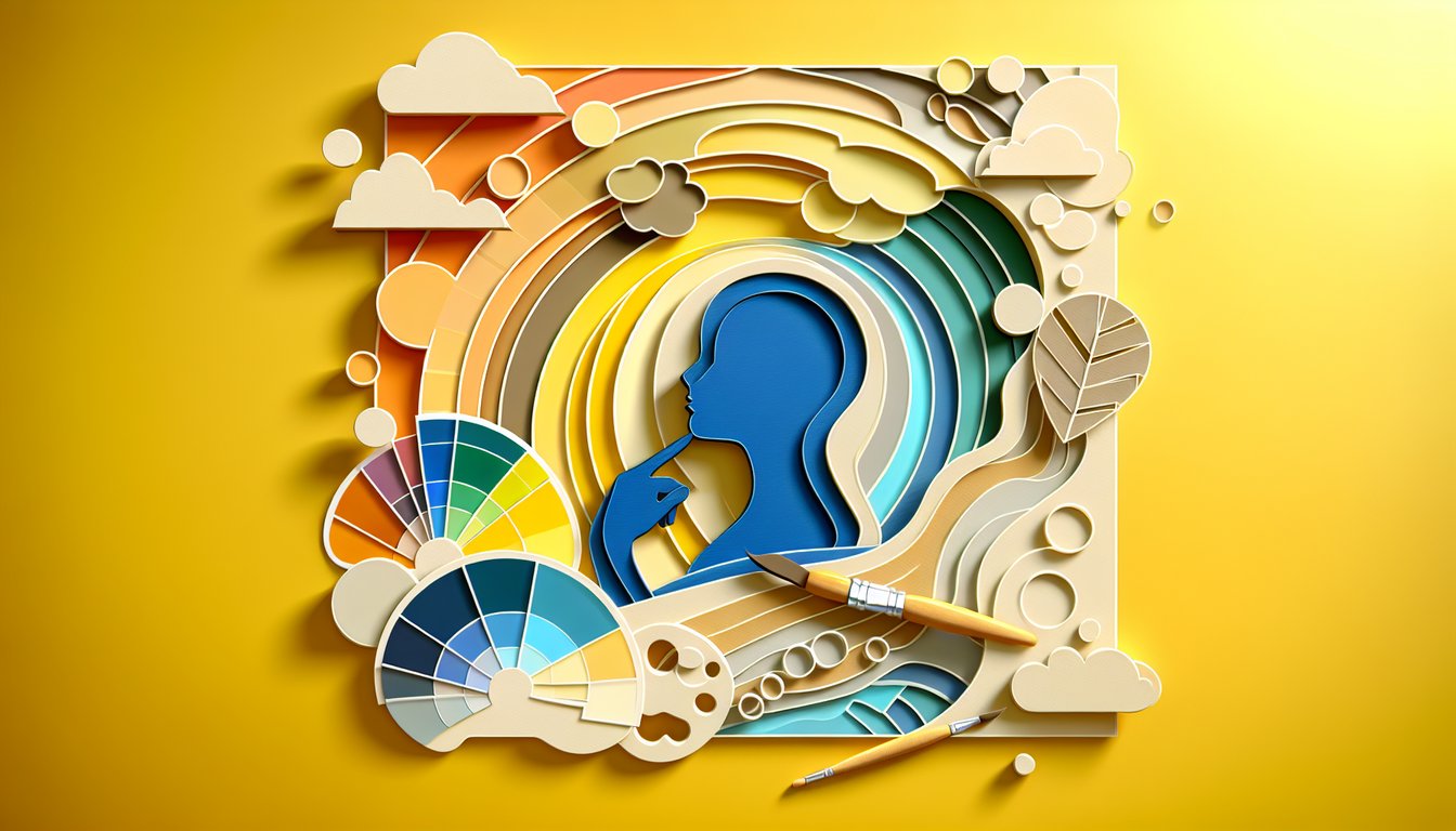 Colorful paper art illustration for a color palette quiz on a golden yellow background