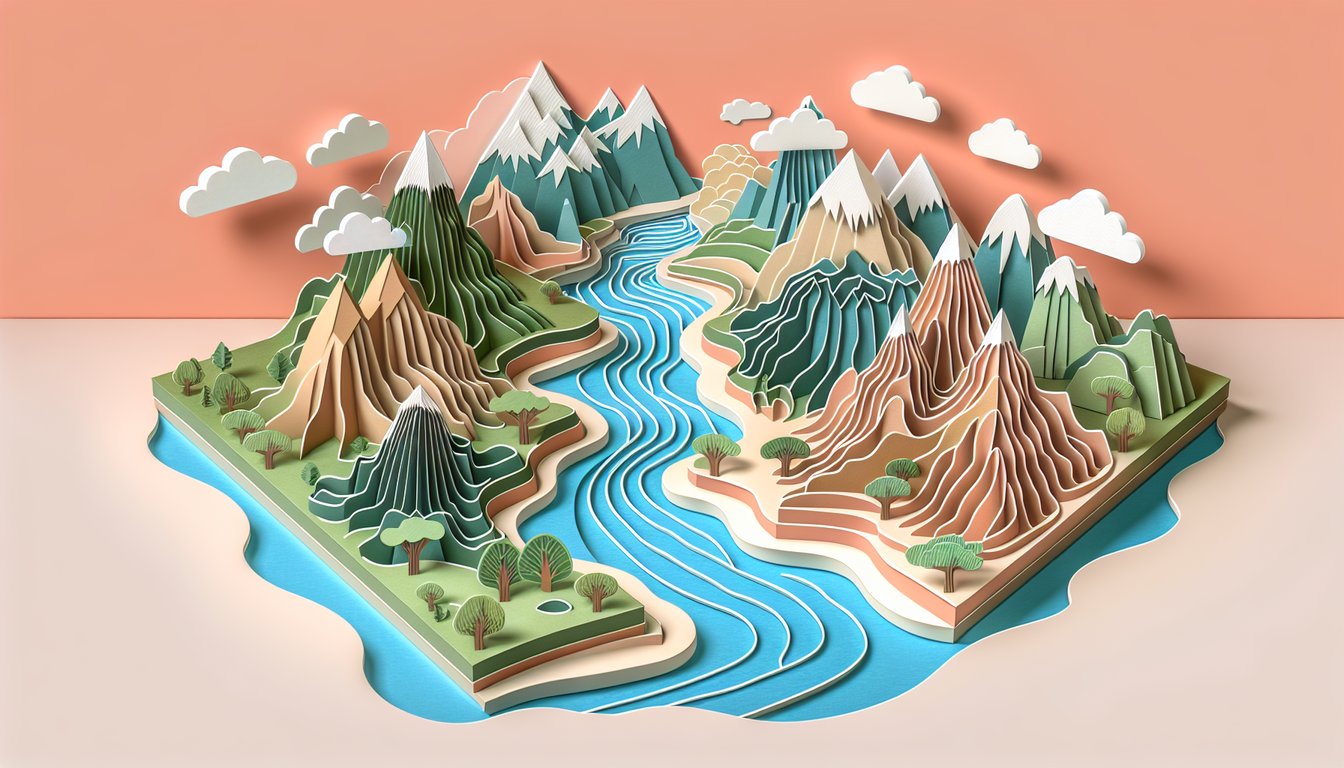 Paper cut map of North and South America with rivers mountains landforms on coral background