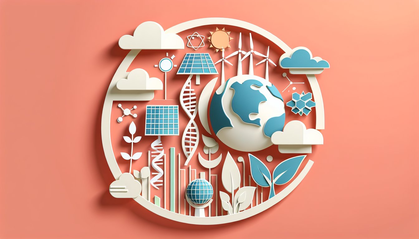 Paper art style globe leaves open book question marks study icons for AP Environmental Science quiz on coral background