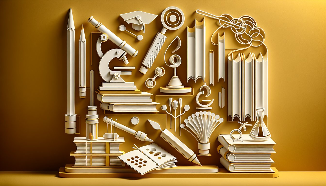 Paper art illustration for college major quiz with personalized recommendations on golden yellow background