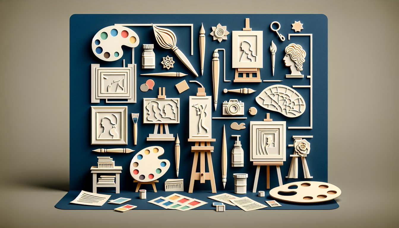 Paper art illustration with paintbrush palette canvas icons on dark blue background promoting a free famous painters quiz