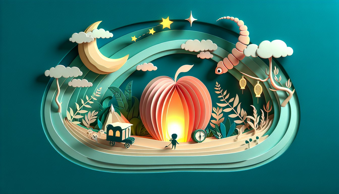 Paper art giant peach with glowing worm on teal background hinting at quiz on James and the Giant Peach