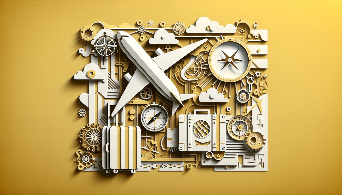Paper art illustration of European landmarks and 3-letter airport codes on golden yellow background