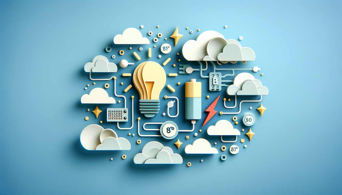 Paper art battery lightbulb wires multimeter icons on sky blue background promoting eighth grade electricity quiz