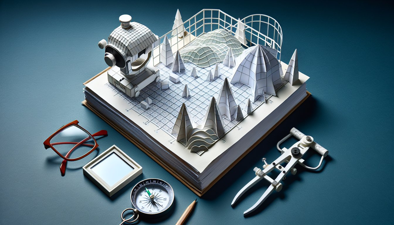 Colorful paper art promoting a trivia quiz on Professional Surveyor Practice Exam