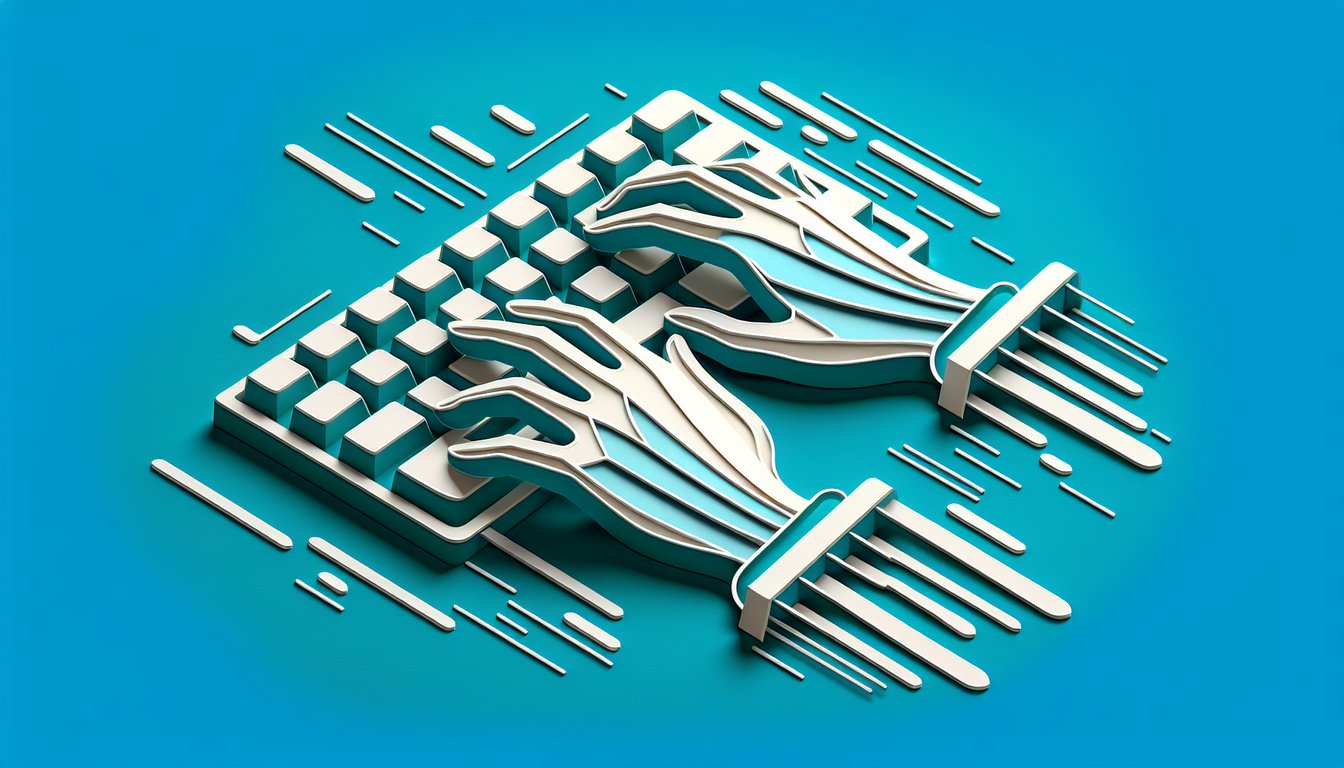 Paper art illustration of hands typing home row keys with scattered letters on a teal background