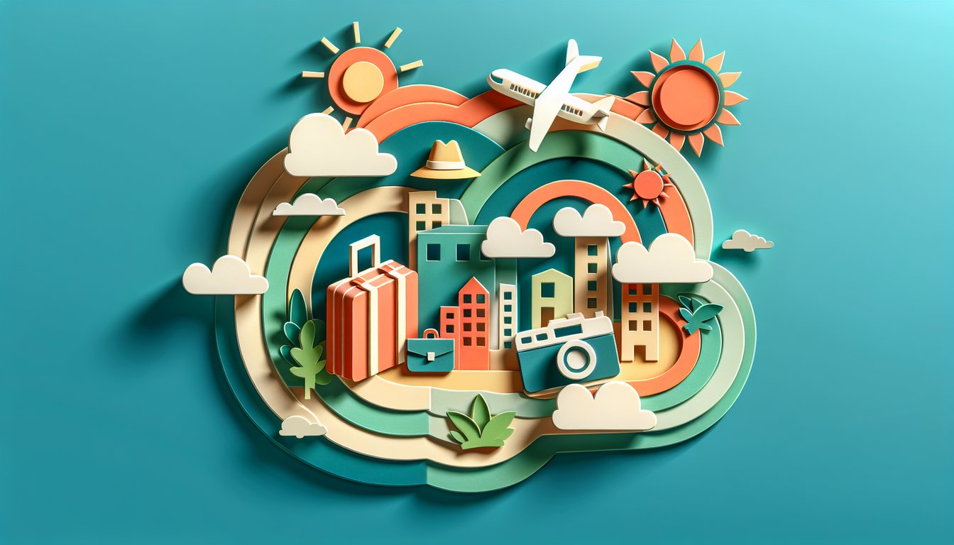 Paper art quiz illustration for finding perfect getaway on teal background