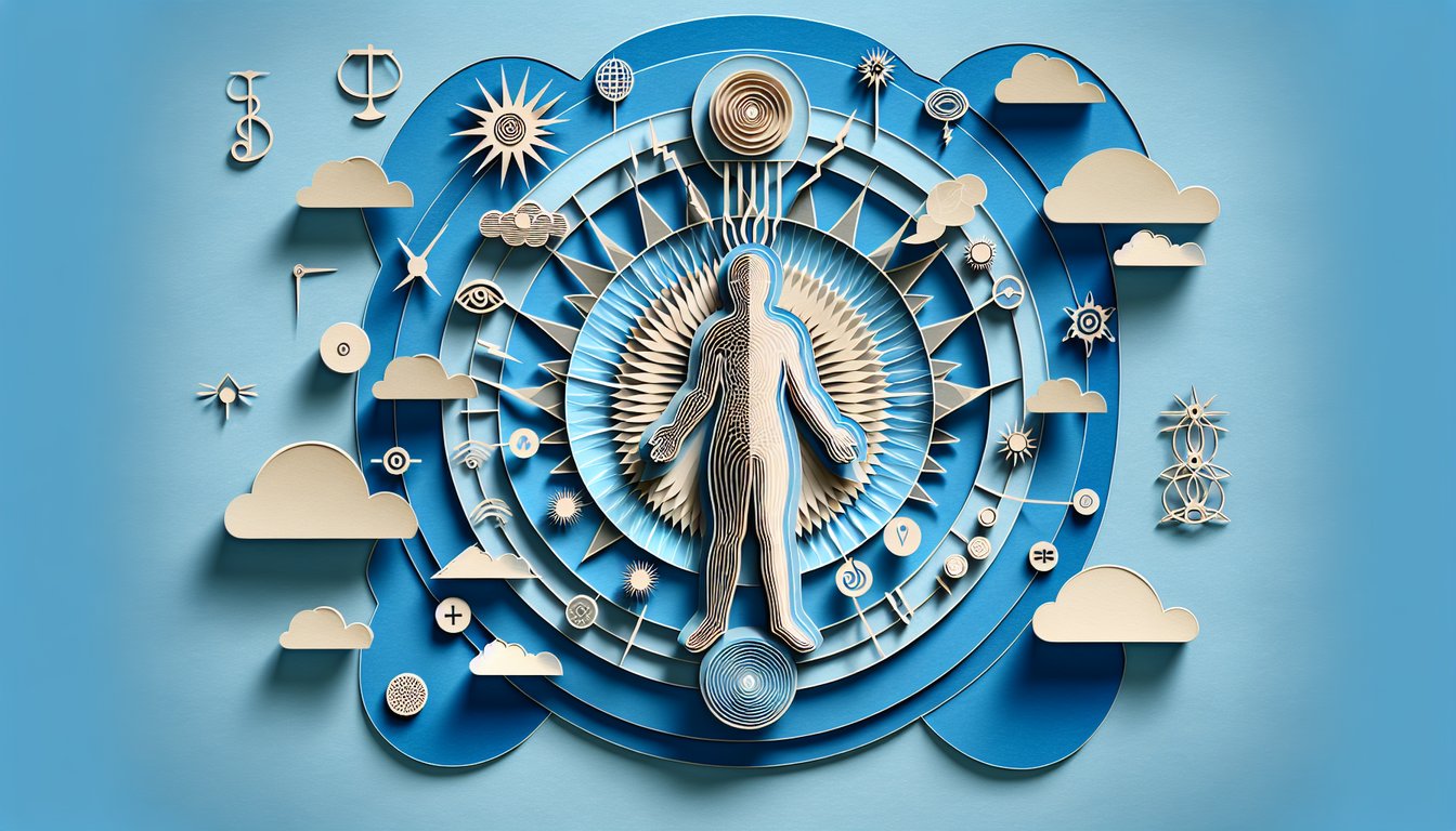 Paper art illustration for a high vibration person test on a sky blue background