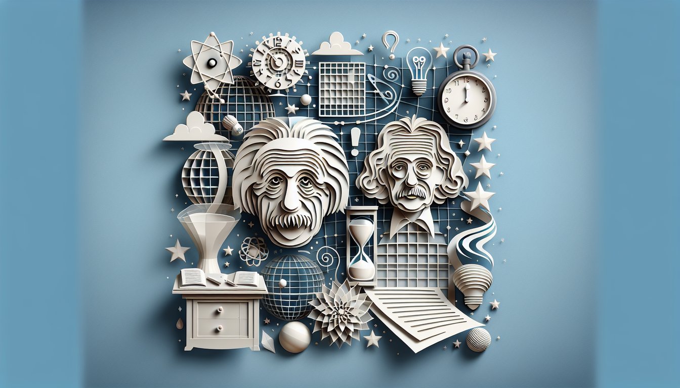 Paper art illustration of Hawking and Einstein profiles on sky blue background promoting a quiz on famous science quotes