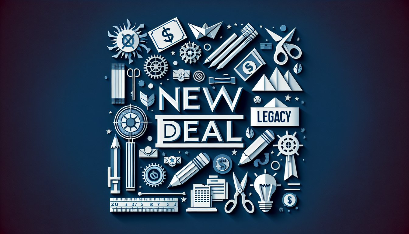 Colorful paper art promoting a trivia quiz on the New Deal Legacy for high school students.