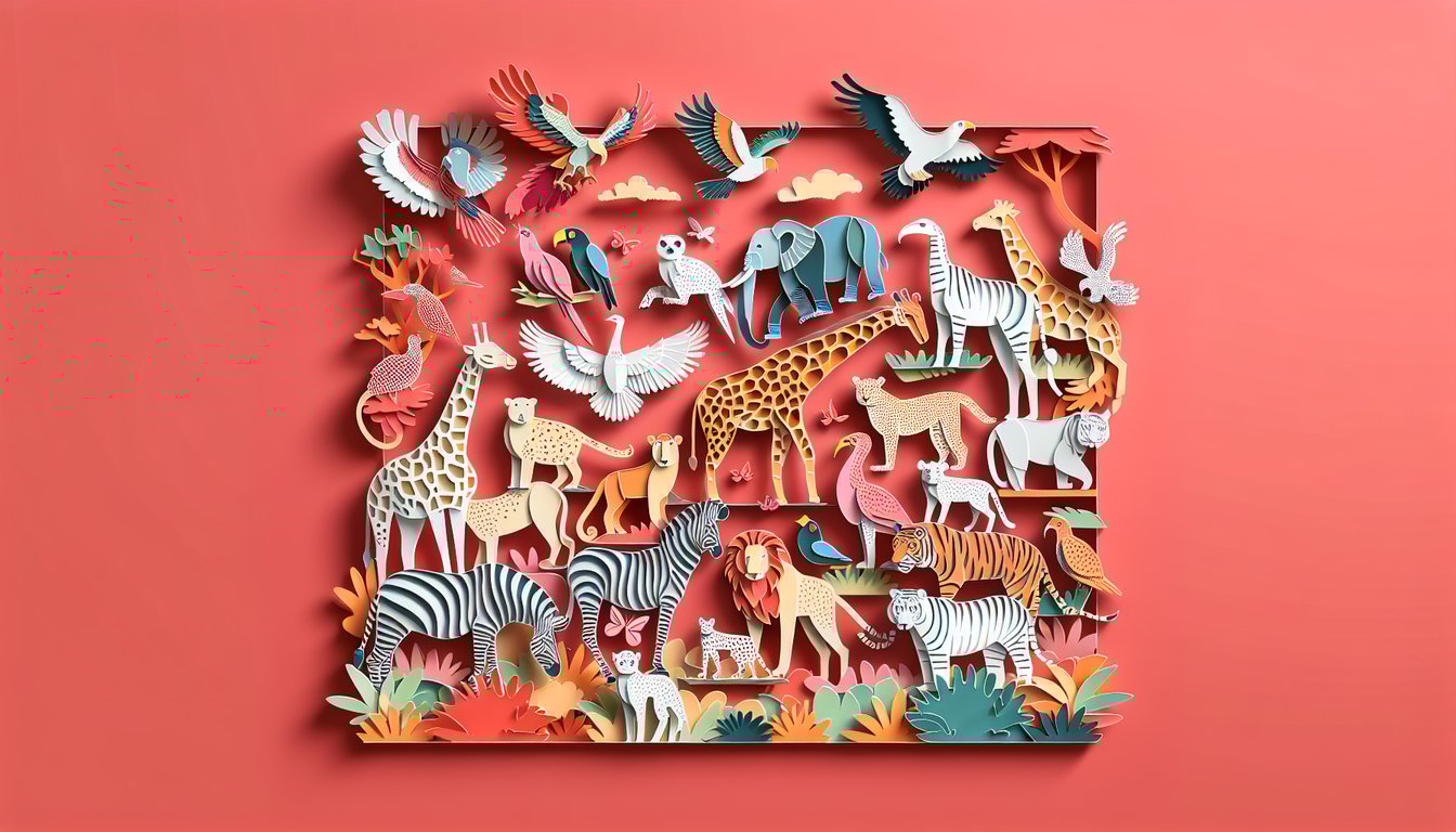 Paper art illustration for animal character quiz on a coral background