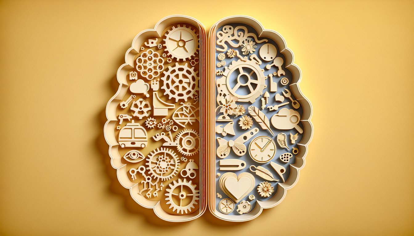 Paper art brain split in two halves for male and female thinking quiz on golden yellow background