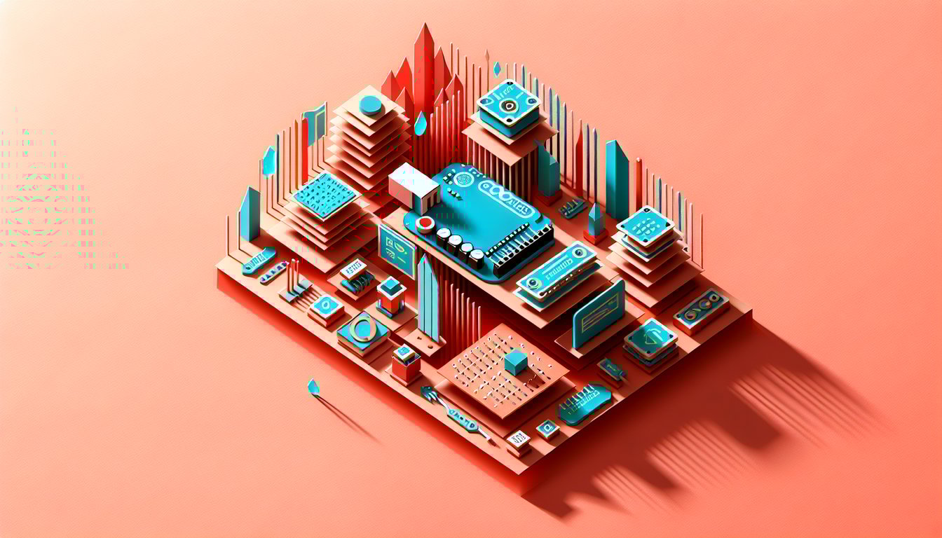 Paper art illustration for Arduino code quiz with coding and circuit themes on a coral background