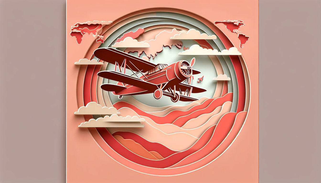 Paper art illustration for Amelia Earhart trivia quiz on a coral background