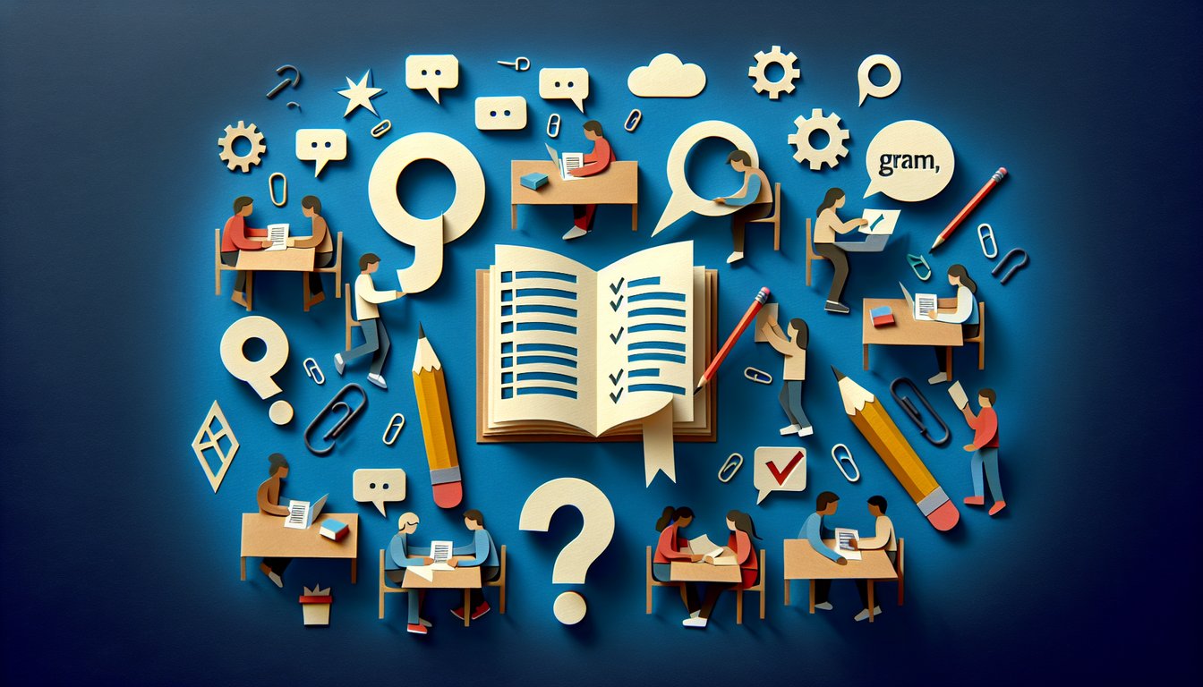 Colorful paper art promoting the Pronoun Power Challenge, a grammar quiz for middle schoolers.