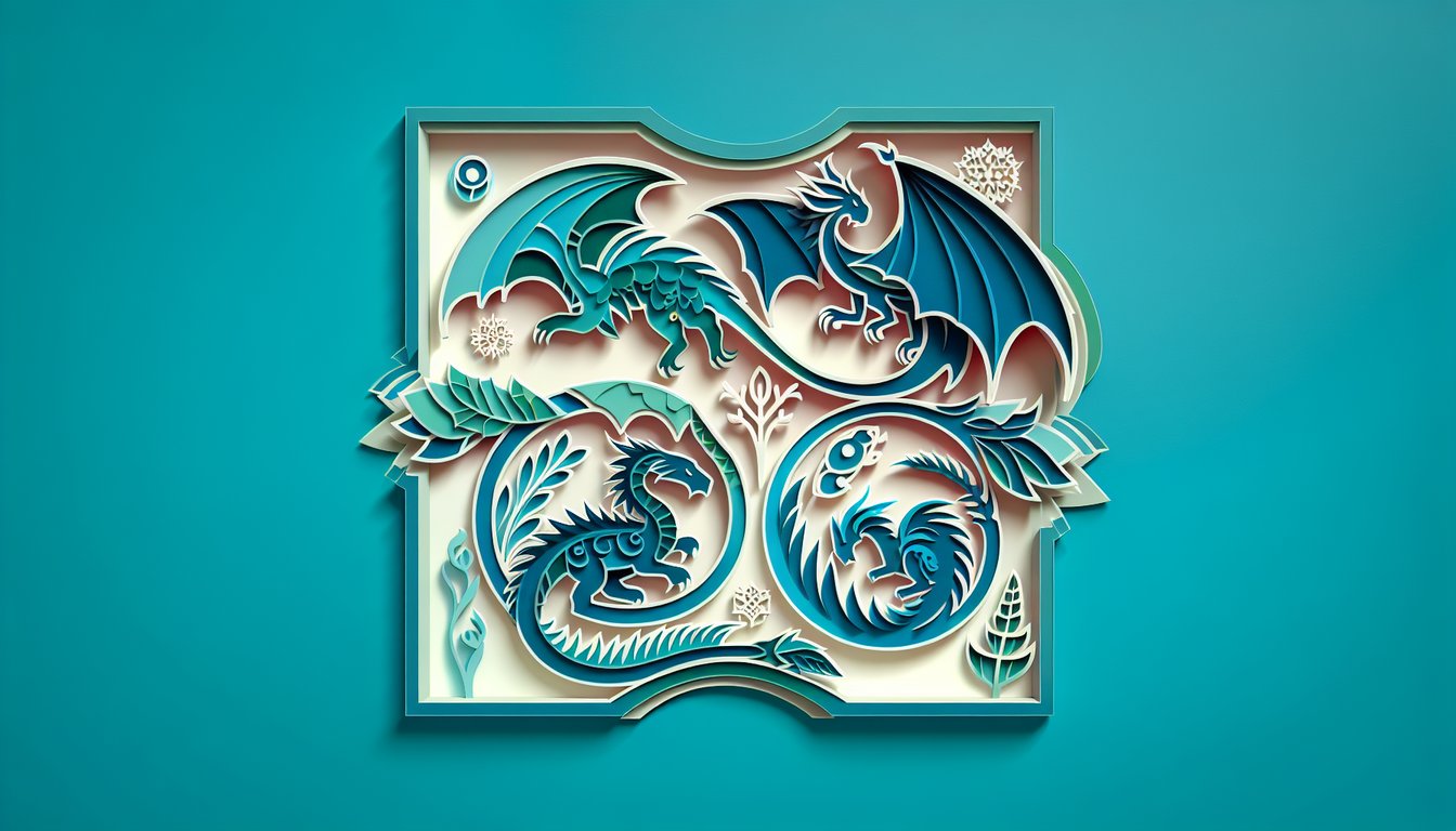 Paper art dragons frame quiz title on teal background hinting at your draconic identity traits Stormclaw, Mistscale.