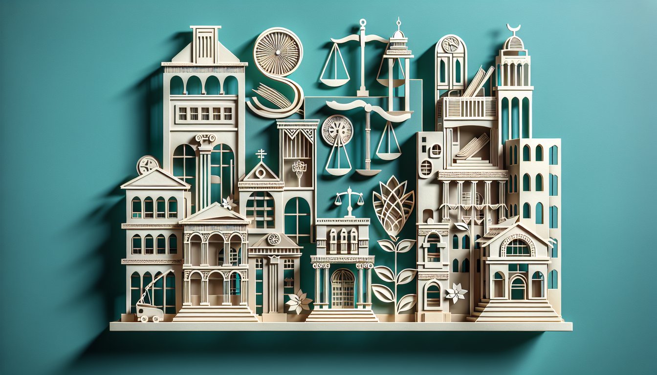 Paper art showing Bible scroll city silhouette on teal background for quiz on cities of refuge and accidental homicide laws