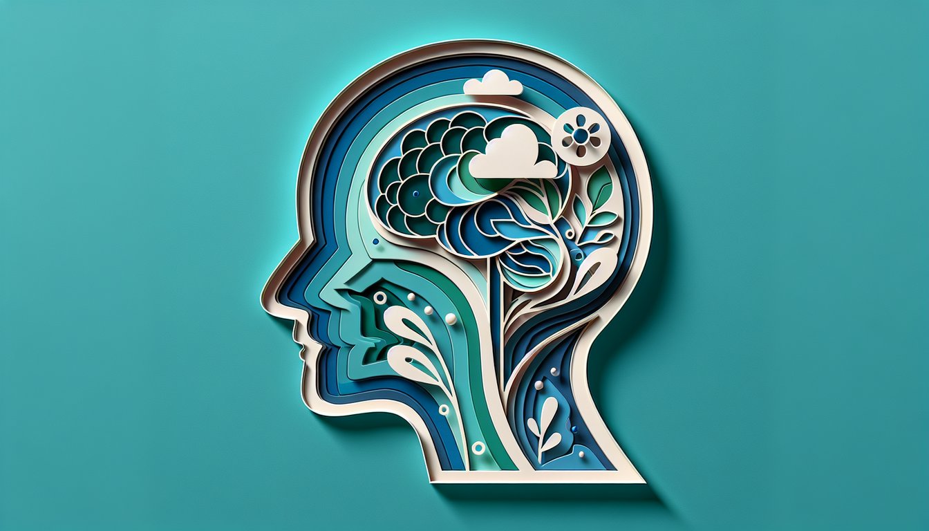 paper art illustration of layered shapes representing MBTI cognitive functions quiz invitation on teal background