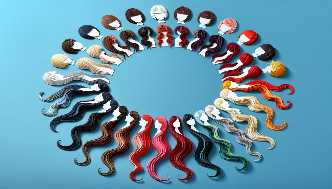 Paper art illustration showing hair color swatches and quiz icons on sky blue background