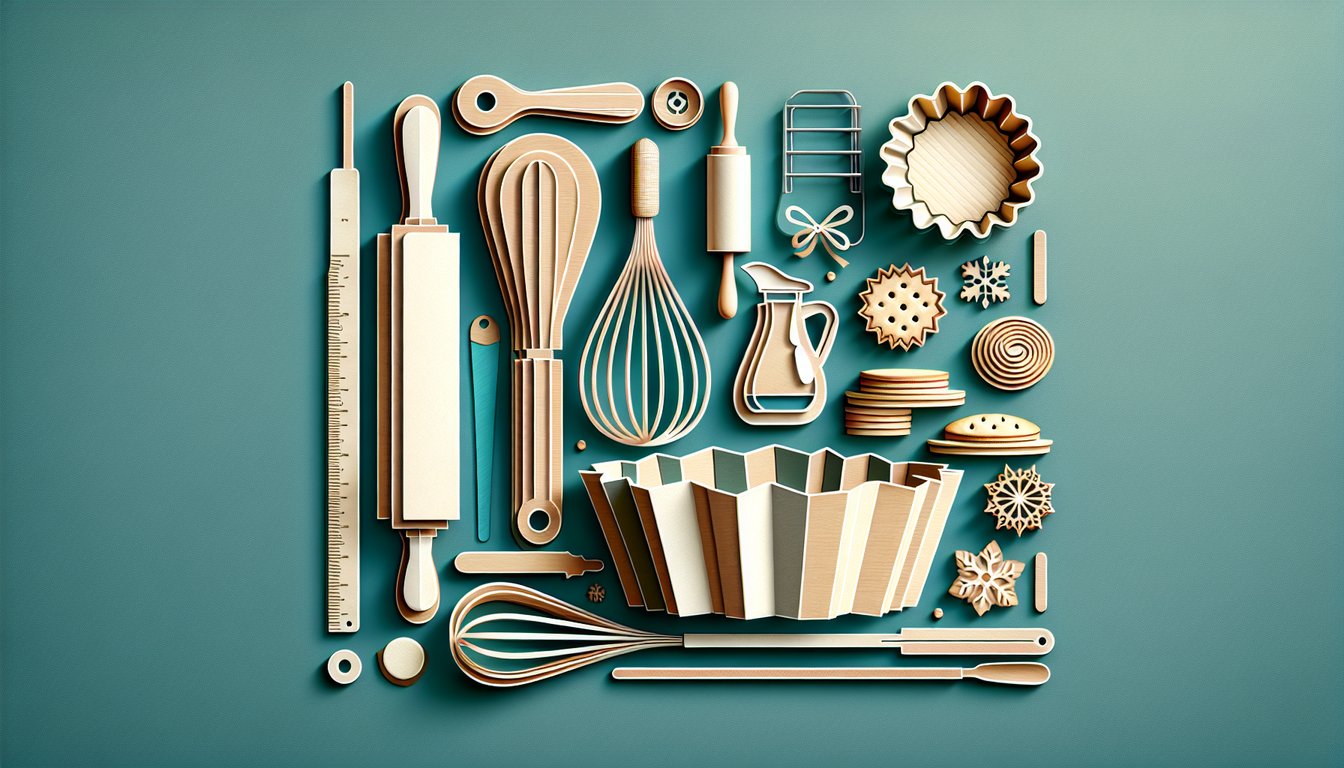 Paper art illustration featuring baking quiz theme with cakes, whisk, rolling pin and measuring spoons on teal background