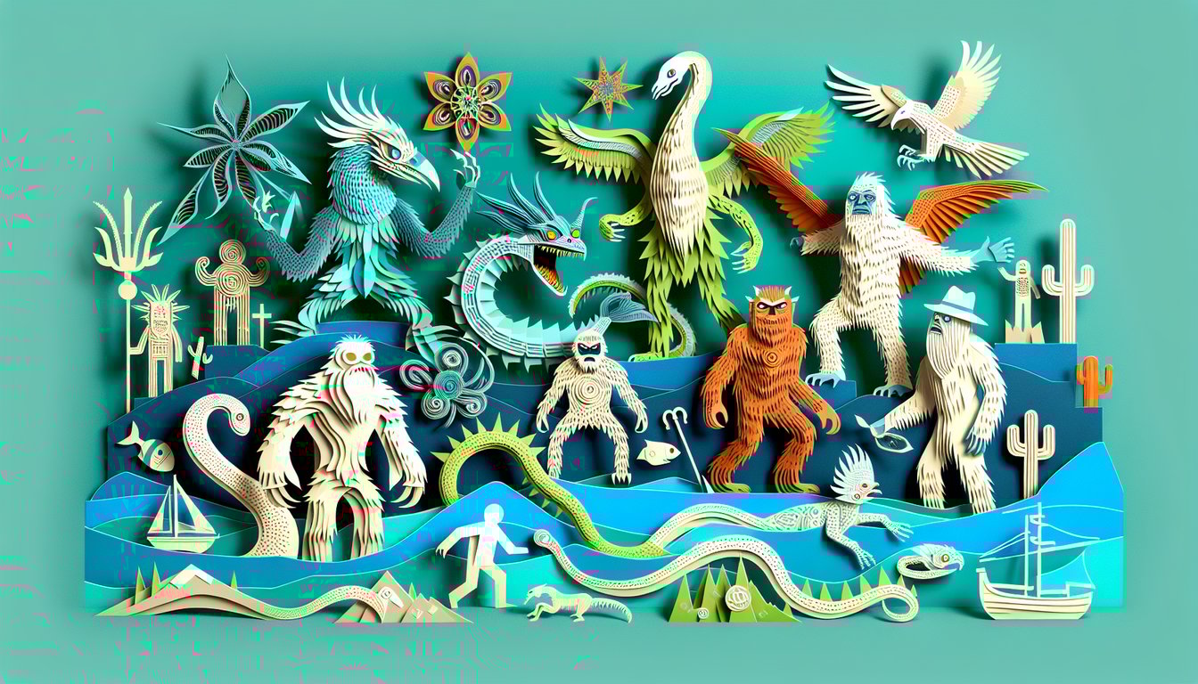Paper cutout cryptid silhouettes on teal background bigfoot, mothman, loch ness monster, chupacabra.