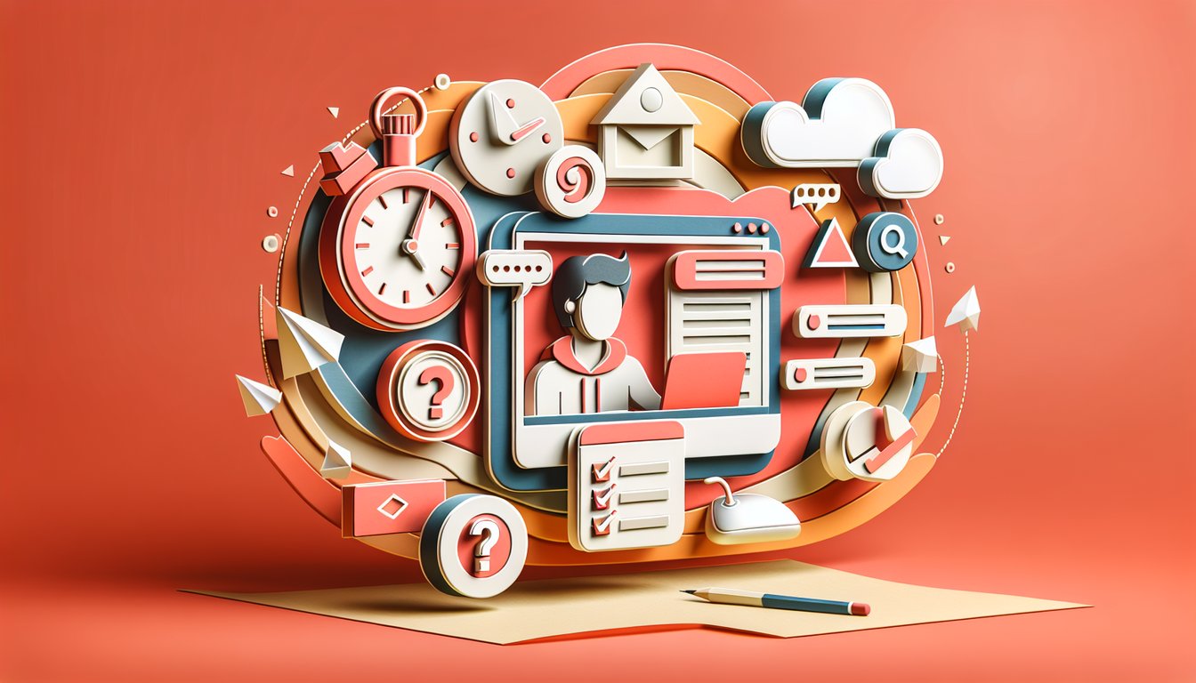 Paper art illustration with cutout quiz letters question marks and check marks on coral background