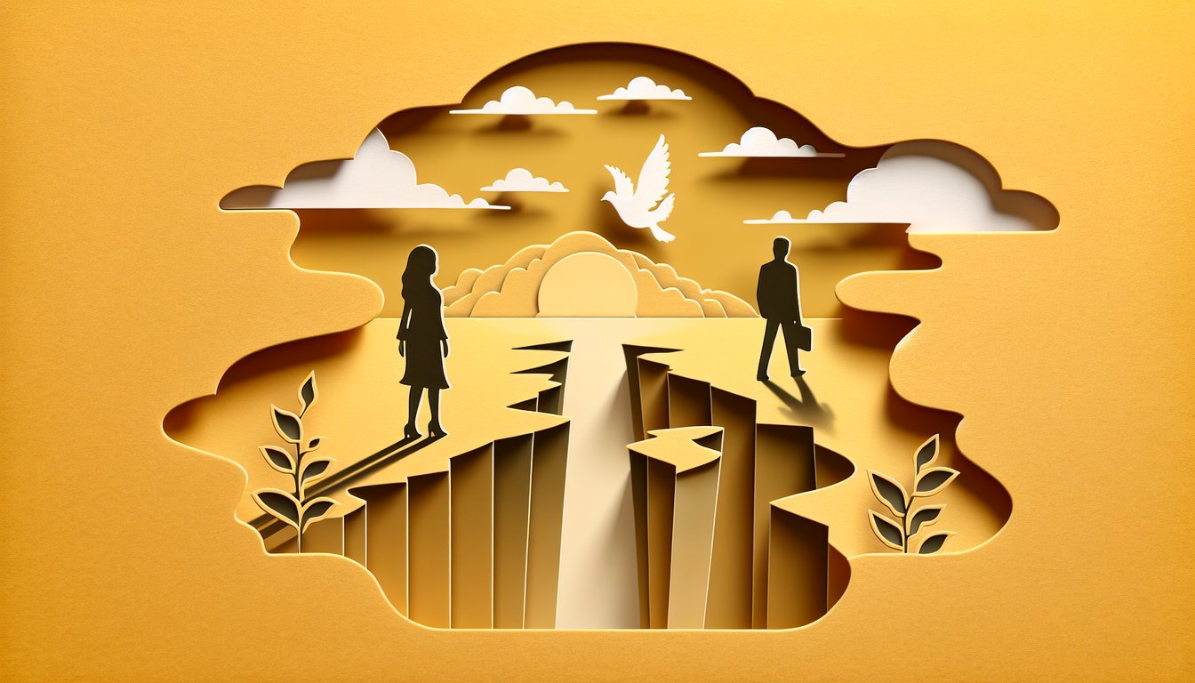Paper art illustration for a quiz about relationship concerns on a golden yellow background.