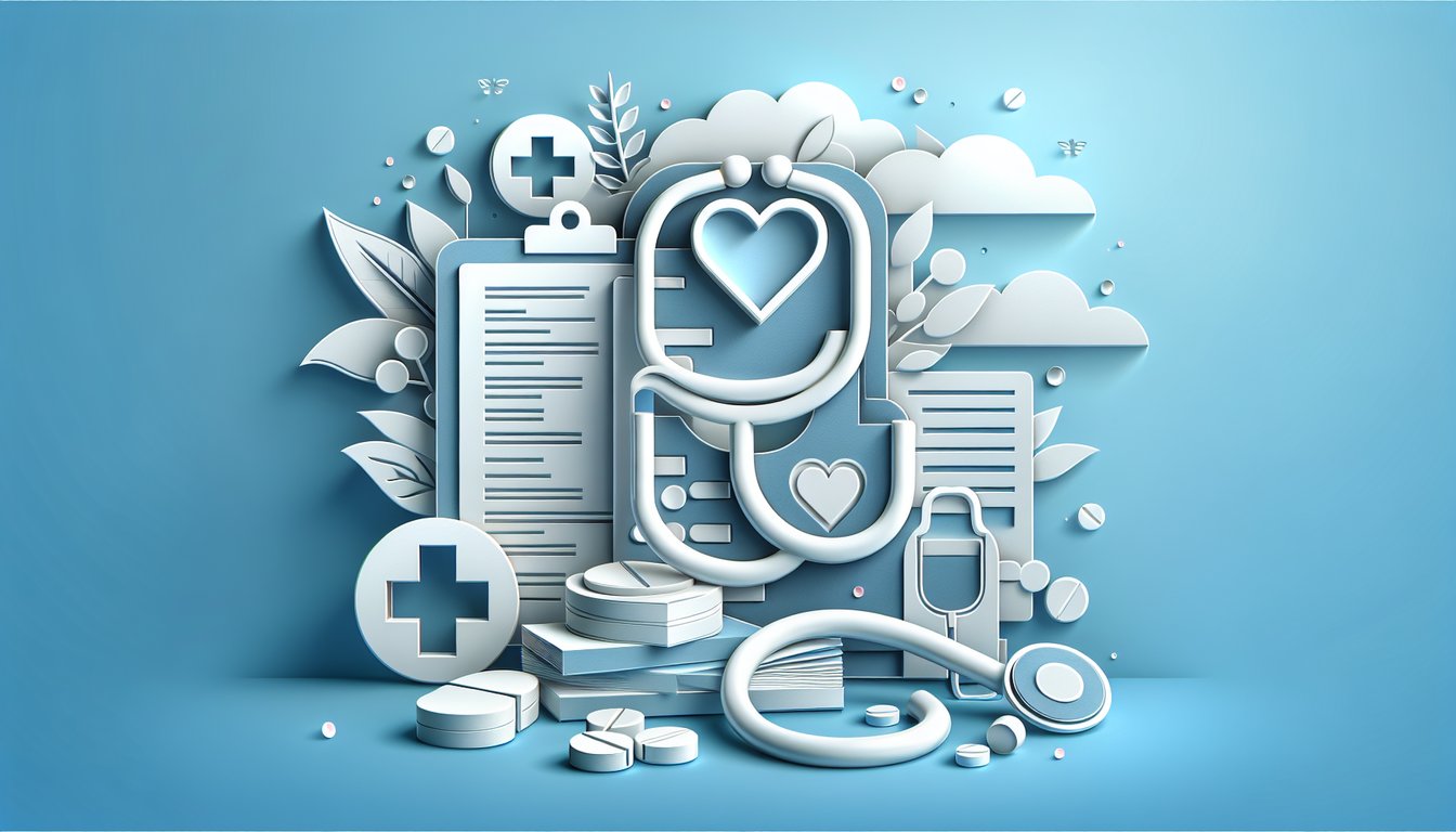Paper art illustration shows RMT medical transcription abbreviation quiz cards and acronyms on sky blue background