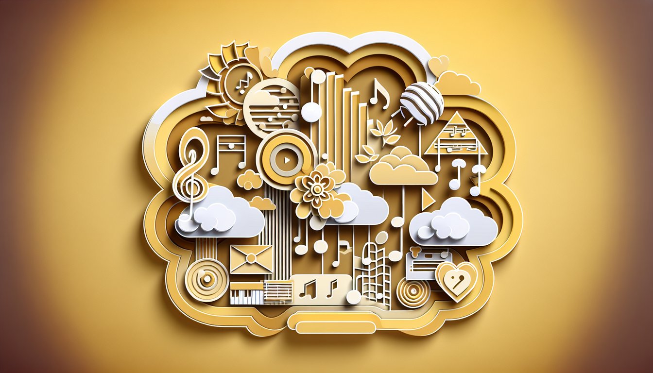 Paper art ninja silhouettes and music notes framing quiz title on golden yellow background