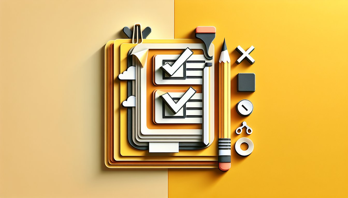 Paper art quiz graphics showing true false boxes check-marks and cross-marks grammar symbols on golden yellow background