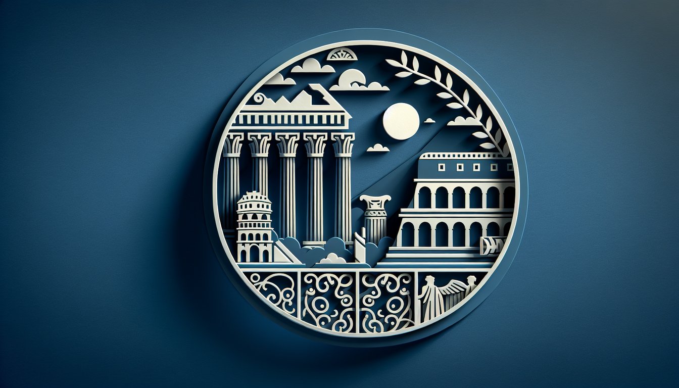 Paper art Roman map with key landmarks on dark blue background for Republic to Empire quiz