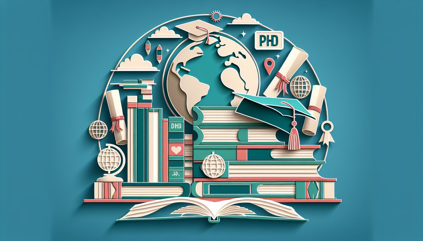 Paper art illustration showing a graduation cap, open book, abstract shapes on teal background for PhD style quiz