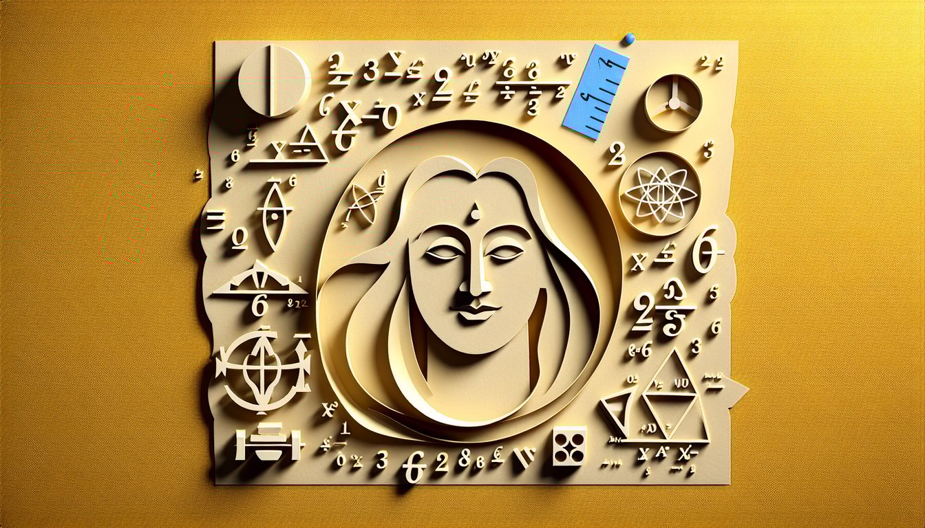Paper art style portrait of Madhava of Sangamagrama with formula scrolls, geometric shapes on golden yellow background.