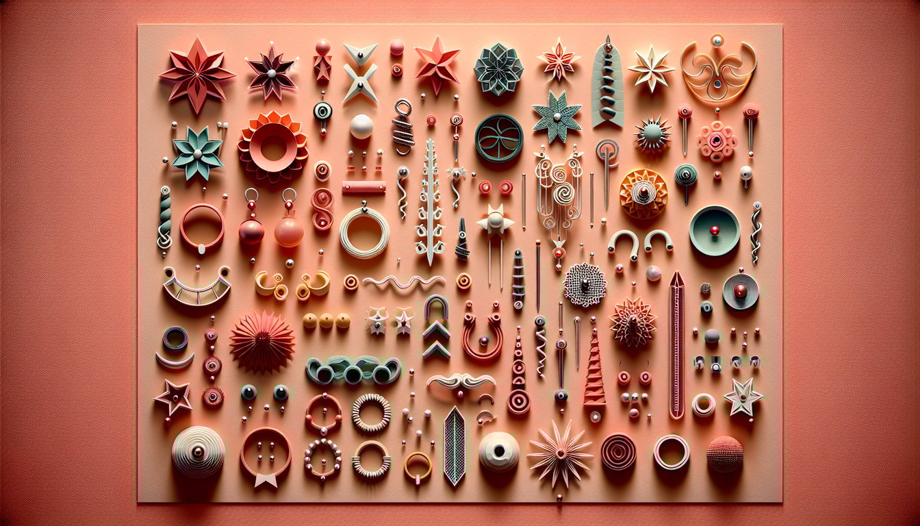 Paper art of helix tragus septum lip eyebrow piercings on coral background for piercing type quiz