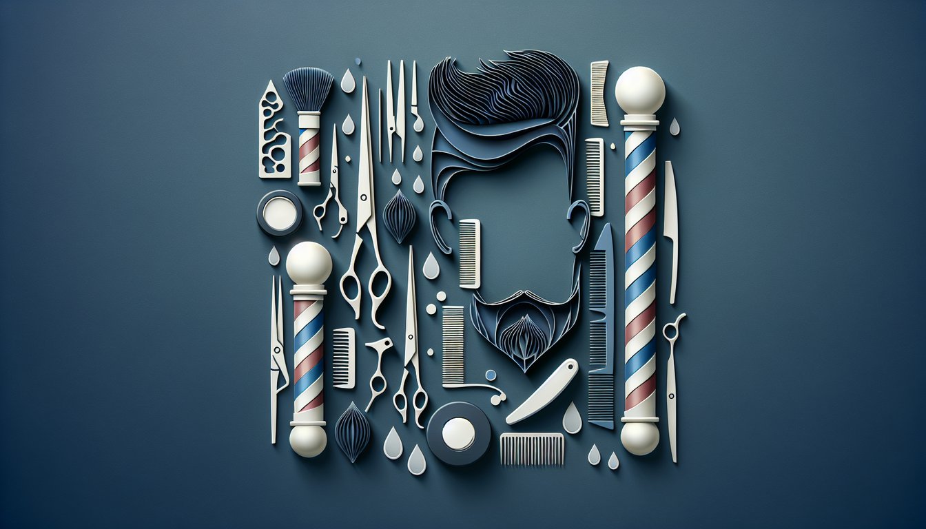 Paper art illustration for barbering skills quiz featuring various haircut styles on a dark blue background.
