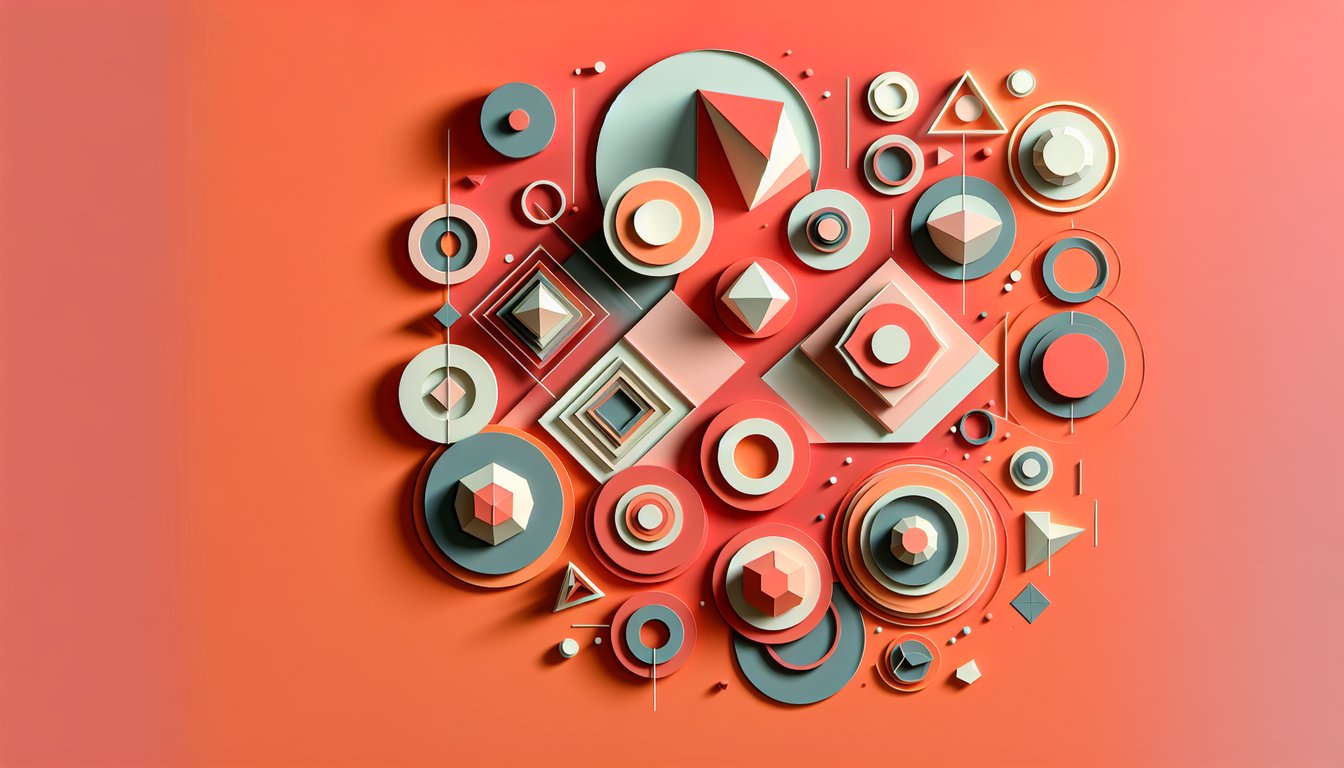 Paper art illustration for geometric shapes quiz on a coral background