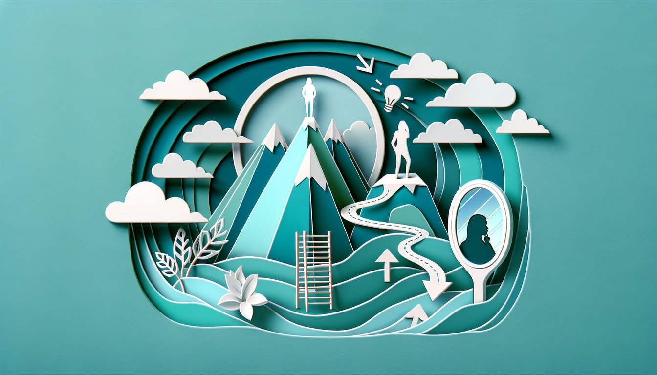 Paper art style teal background quiz showing layered paper shapes text self esteem test boost confidence and worth