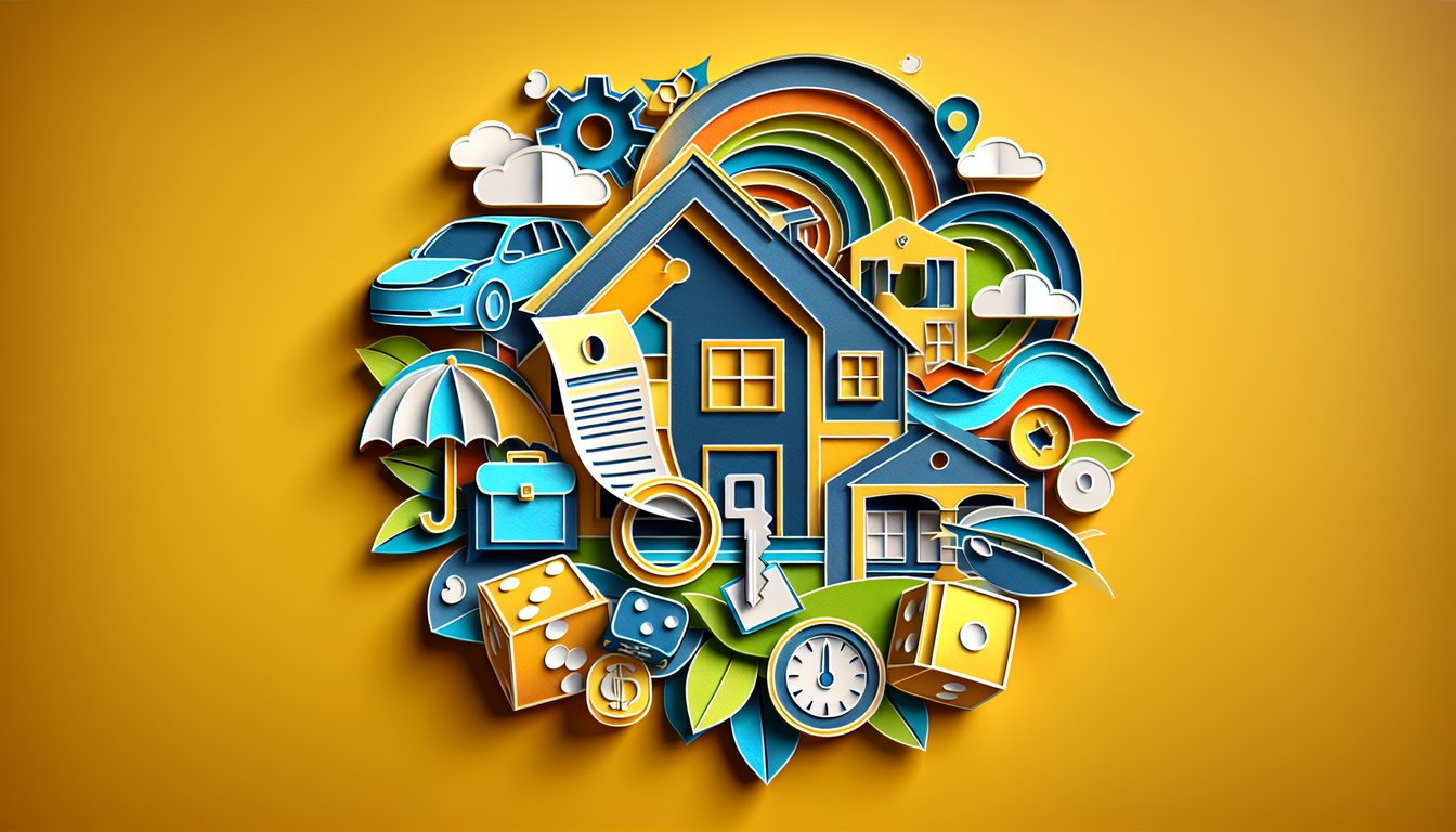 paper cut icons of house car shield books on yellow background promoting Oklahoma property casualty exam practice quiz