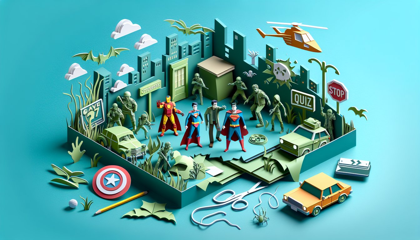 paper art collage of superhero mask brain zombie hand question marks on teal background for random trivia quiz