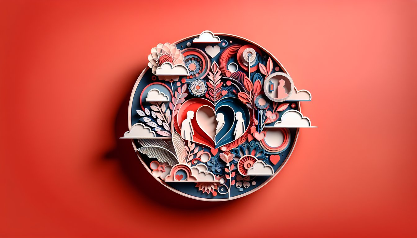 Paper art hearts linked by speech bubbles on coral background symbolizing communication gaps, marital emotional patterns