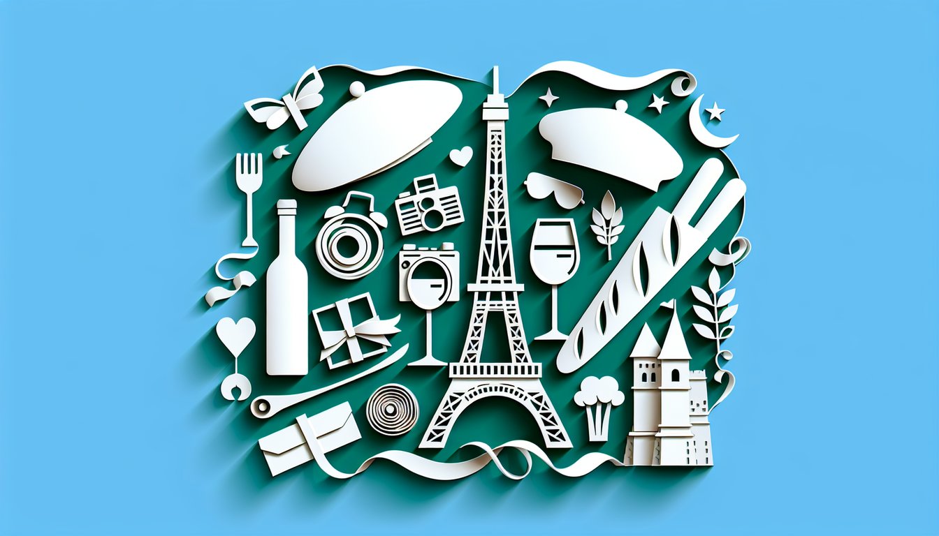 Paper art cutout collage of Eiffel Tower baguette beret and hearts on teal backdrop promoting French flair quiz